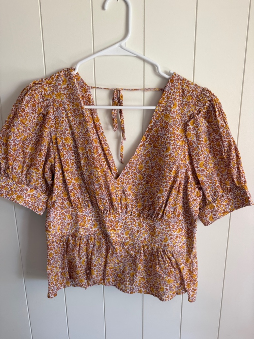 J. Crew Pink and Mustard Floral V-Neck Tie-Back Blouse